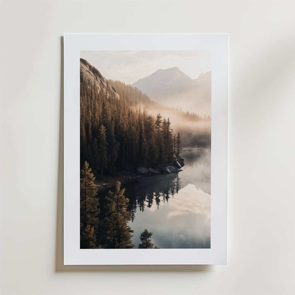 Bozetto "Between the Misty Peaks Poster" visar ett dimmigt bergslandskap med tallar och en stilla sjö på FSC-certifierat premiumpapper, lyxigt matt yta och vit kant mot en enfärgad vit bakgrund.