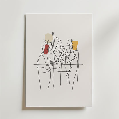Bozetto Urban Harmony Poster har minimalistiska linjeteckningar av människor med abstrakta färgade former på vit canvas, vilket ger en ren och modern touch av modern konst till alla utrymmen. Tryckt på premiumpapper för en högkvalitativ finish.
