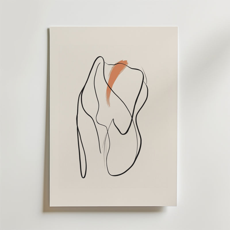 Brush of Flame Poster by Bozetto är ett minimalistiskt abstrakt konstverk på premiumpapper med flytande svarta linjer och organiska former på en ljus bakgrund, markerad av ett djärvt rödbrunt penseldrag för en lyxig matt finish.