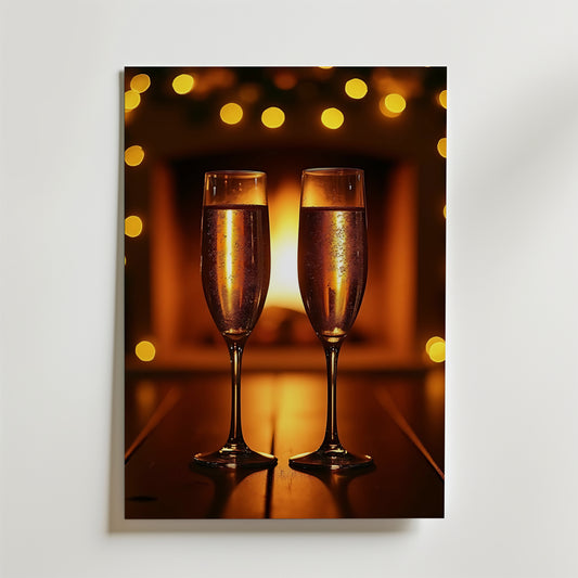 Spakling Romance Poster by Bozetto föreställer två champagneflöjter med mousserande vin mot gyllene bokeh-ljus som skapar en festlig och romantisk stämning - tryckt på premiumpapper med en lyxig matt finish.
