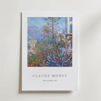 Bozetto Claude Monet Villas At Bordighera Poster föreställer Monets målning från 1884 av en livfull trädgård med palmer, frodiga växter, avlägsna kullar och medelhavsarkitektur.