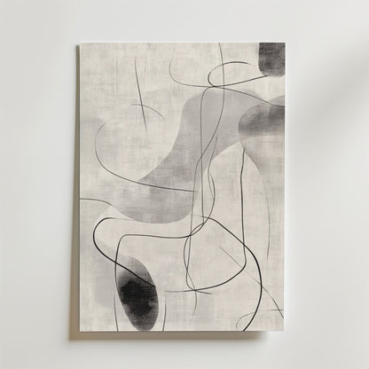 Bozetto Monochrome Flow Poster har abstrakta flytande svarta och grå linjer på vitt, tryckt på FSC-certifierat premiumpapper med en lyxigt matt yta för ett minimalistiskt och elegant utseende.