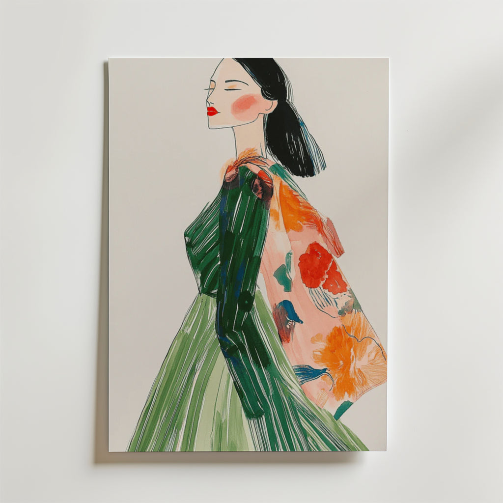 En Bozetto "Woman With Coat Poster" modeillustration av en svarthårig kvinna i grön klänning och rosa blommig scarf, med djärva linjer och livfulla färger, tryckt på premiumpapper med lyxig matt yta.