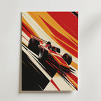 En stiliserad Formel 1-bil kör i hög fart längs en bana på Bozettos The Final Lap Poster, med djärva röda, orange, gula och svarta linjer som ger rörelse och energi - tryckt på premiumpapper för en effektfull exponering.