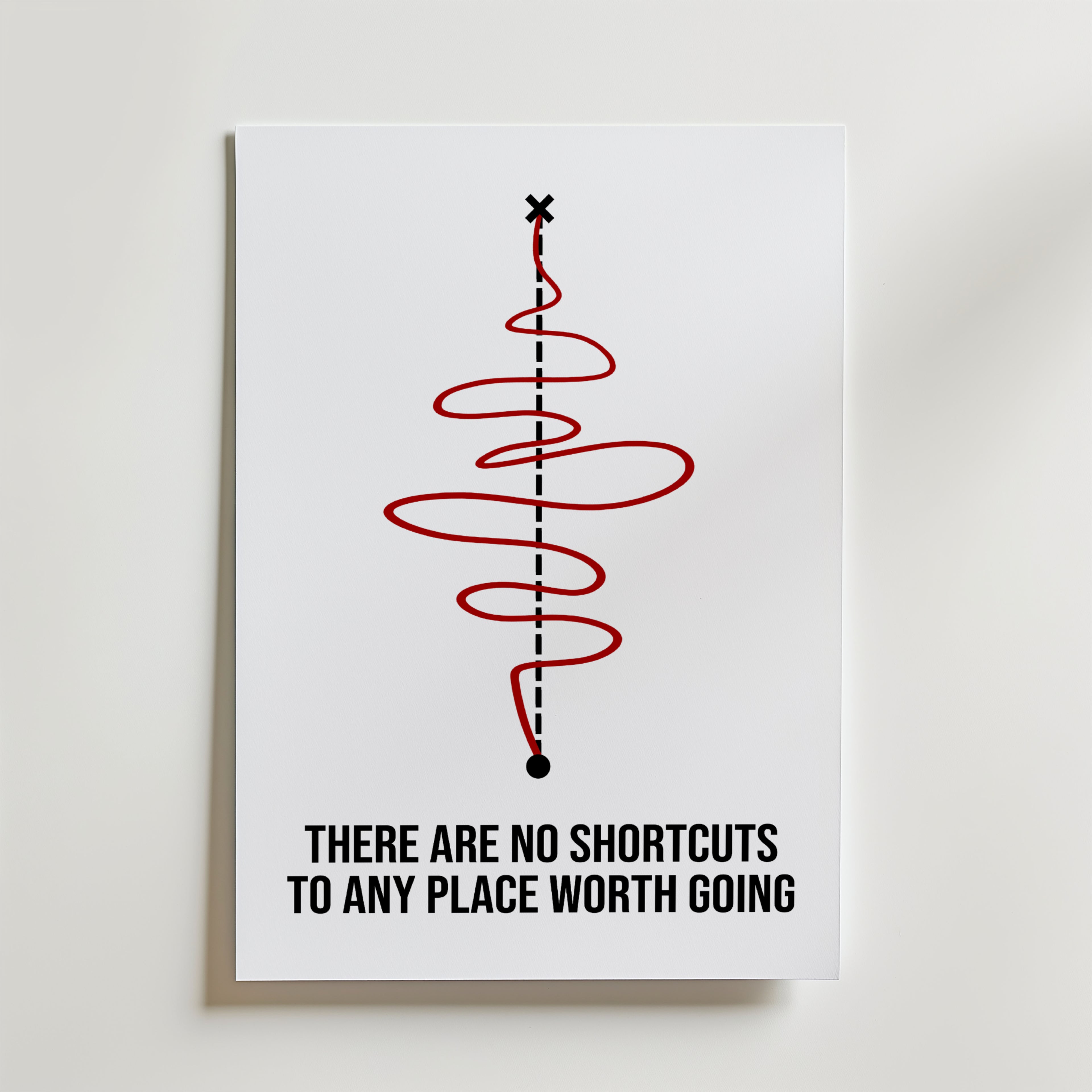 No Shortcuts Poster – En minimalistisk design med en rak väg i bakgrunden och en slingrande röd linje som