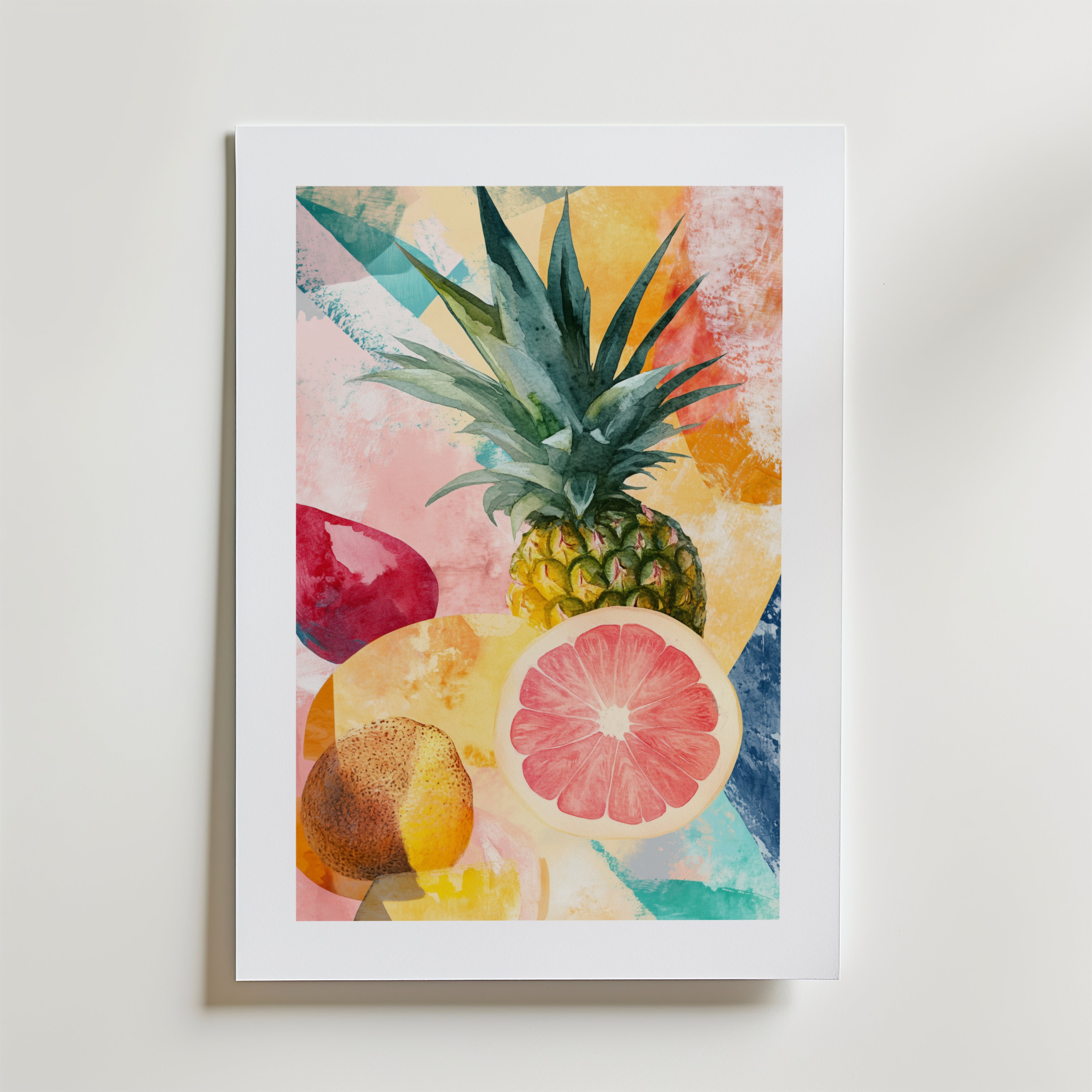 Bozetto Abstract Harvest No.2 Poster föreställer en levande ananas, halverad grapefrukt och frukter på en abstrakt pastellfärgad bakgrund, i en vit ram och tryckt på FSC-certifierat premiumpapper med lyxig matt yta.