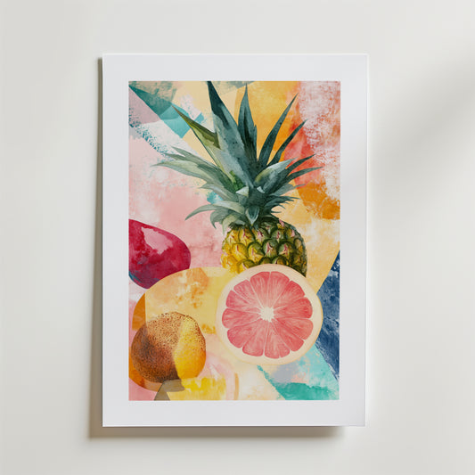 Bozetto Abstract Harvest No.2 Poster föreställer en levande ananas, halverad grapefrukt och frukter på en abstrakt pastellfärgad bakgrund, i en vit ram och tryckt på FSC-certifierat premiumpapper med lyxig matt yta.