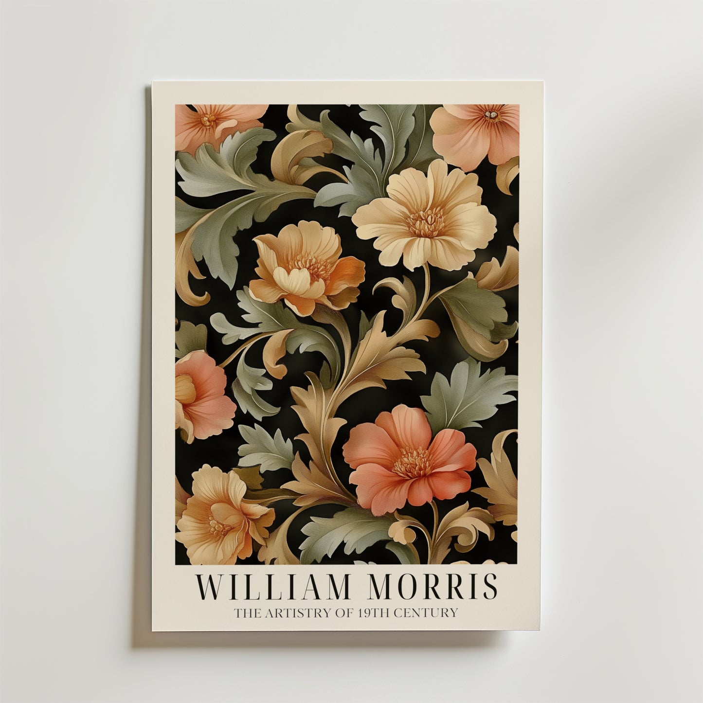 Bozetto Blooming Flower Pattern William Morris Poster föreställer utsmyckade blommor i orange och persika med gröna blad på en svart bakgrund och elegant text nedanför: William Morris - The Artistry of 19th Century.
