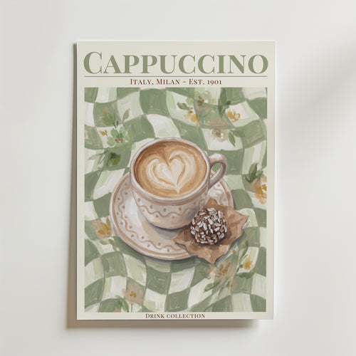 Cappuccino affisch inramad i neutral ram – se hur konsttrycket ser ut, Bozetto i hög tryckkvalitet