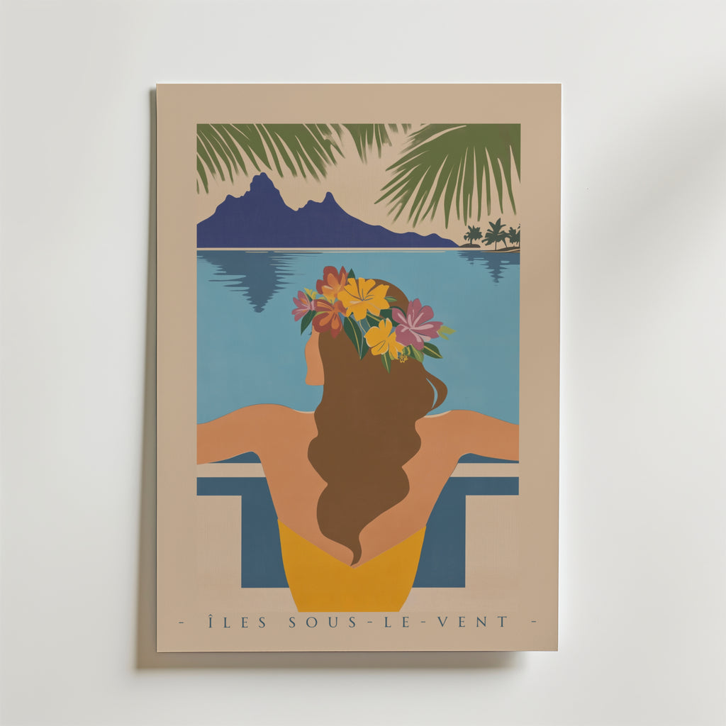 Îles Sous-le-Vent Poster by Bozetto visar en kvinna med blommor i håret som kopplar av i en pool och tittar på havet och avlägsna berg, medan palmblad svänger ovanför på detta eleganta premiumpapper konstverk.