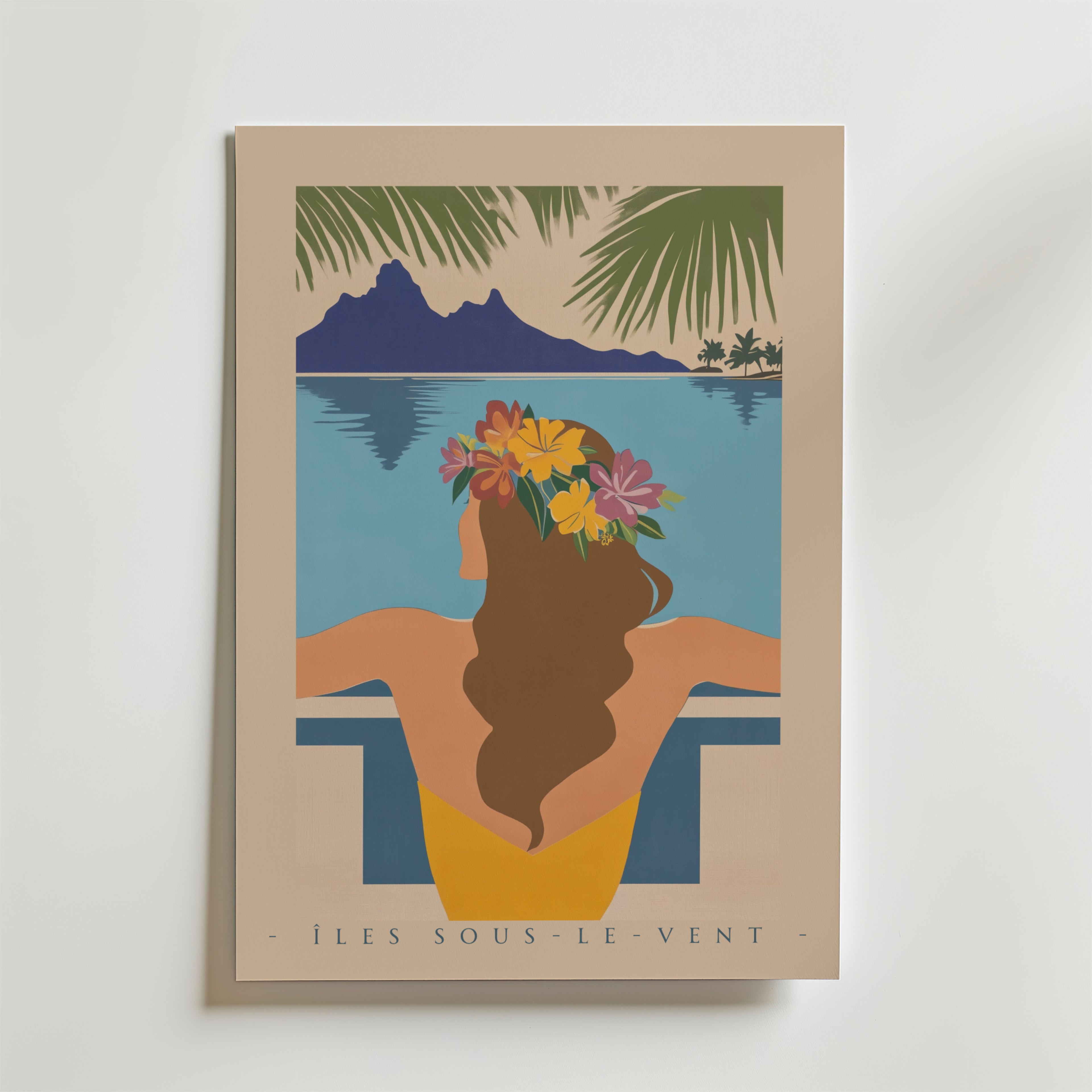 Îles Sous-le-Vent Poster by Bozetto visar en kvinna med blommor i håret som kopplar av i en pool och tittar på havet och avlägsna berg, medan palmblad svänger ovanför på detta eleganta premiumpapper konstverk.