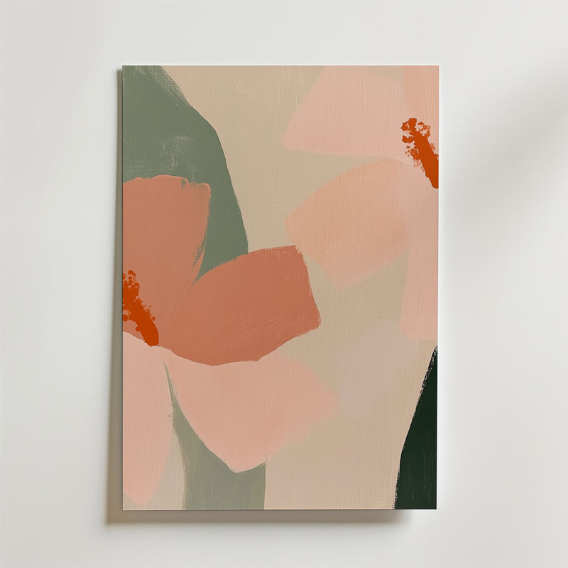 Bozetto Abstract Multicolor Flower Poster föreställer rosa blommor med orange mitt och gröna blad på premiumpapper och passar perfekt för modern inredning. Affischen visas stående mot en vit vägg med en ljus beige bakgrund.