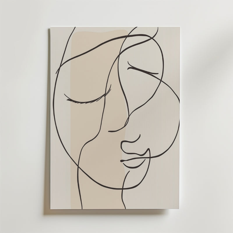 Bozetto Inner Serenity Poster har minimalistisk linjekonst av ett lugnt ansikte med slutna ögon på en ljusbeige bakgrund, tryckt på premiumpapper med överlappande svarta linjer för en lugn, abstrakt look.