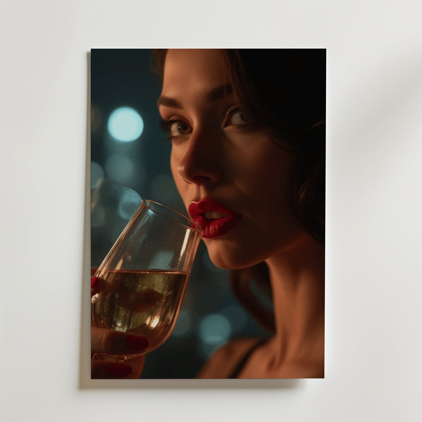 En kvinna med rött läppstift håller ett champagneglas nära läpparna och tittar in i kameran. Mjuka bokeh-ljus skapar en glamorös stämning - perfekt för Bozetto Champagne Moments Poster, tryckt på FSC-certifierat premiumpapper.