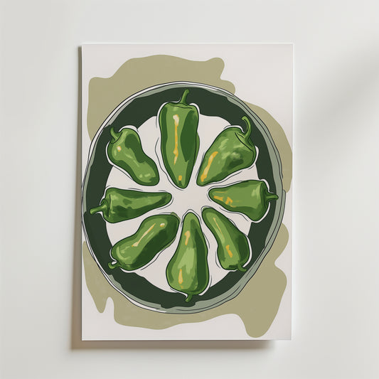En illustrerad tallrik med sju gröna jalapeño pepparfrukter i en cirkel på en vit bakgrund med olivgröna former, som visas som Grilled Padrones Poster av Bozetto på premiumpapper med lyxigt matt yta.