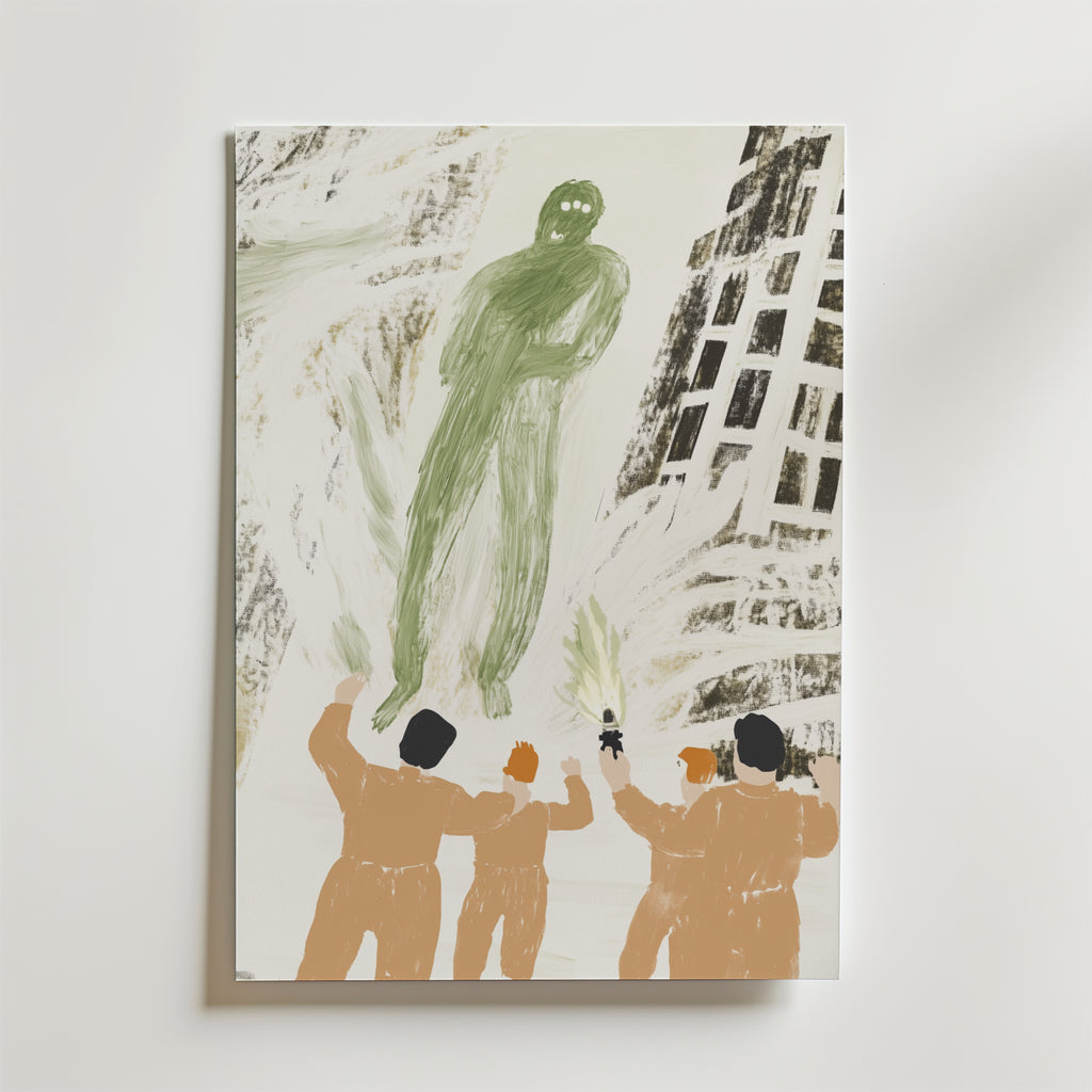 Fifth Encounter Poster från Bozetto föreställer fyra personer med höjda armar som konfronterar en stor, grön spektralfigur bland abstrakta byggnader. Den surrealistiska, mystiska stämningen förstärks av dämpade toner och premiumpapperskvalitet.