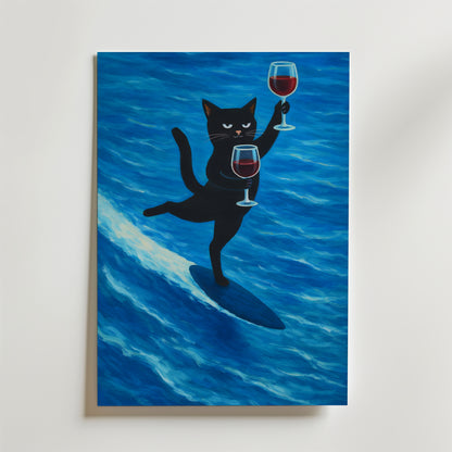 Surfing Wine Cat Poster