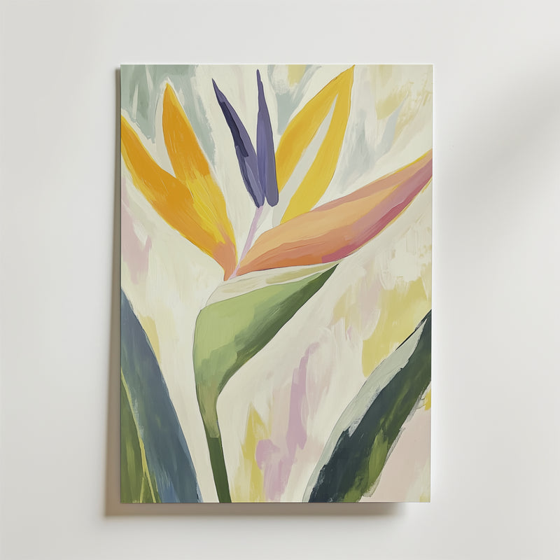 Bozetto Abstract Tropical Poster visar en paradisfågelblomma i levande gult, orange, grönt och lila på en ljus, texturerad bakgrund, tryckt på FSC-certifierat premiumpapper med en lyxig matt finish.