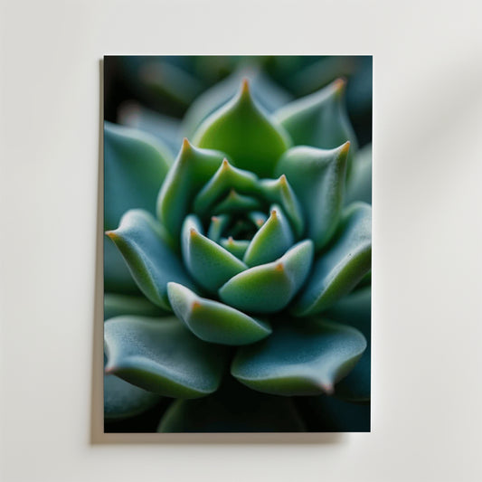 Nature's Geometry Poster by Bozetto visar en närbild av en grön suckulents rosettmönster på en vit bakgrund - perfekt för att skapa harmoni och stil i ditt rum.
