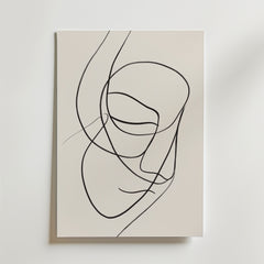 Contemplation Flow Poster från Bozetto visar en minimalistisk linjeteckning av ett ansikte på premiumpapper, med abstrakta kontinuerliga svarta linjer som bildar slutna ögon, näsa och läppar - vilket framkallar lugn i alla utrymmen.