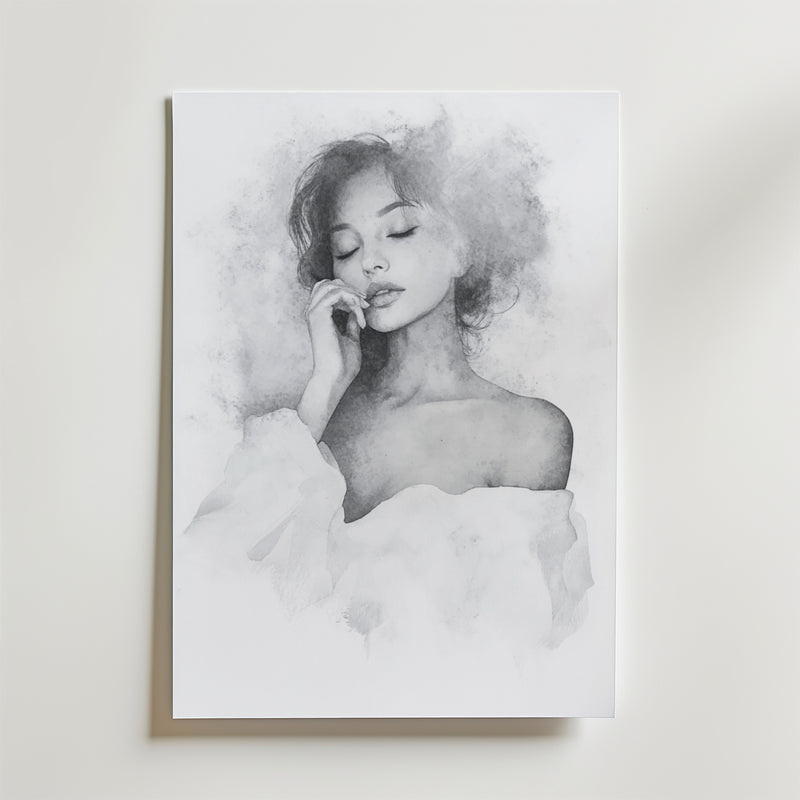 Silent Dreams Poster by Bozetto visar en monokrom illustration av en lugn kvinna med löst hår och en off-shoulder topp, drömska skuggningar och blekta molnliknande kanter, tryckt på FSC-certifierat premiumpapper.