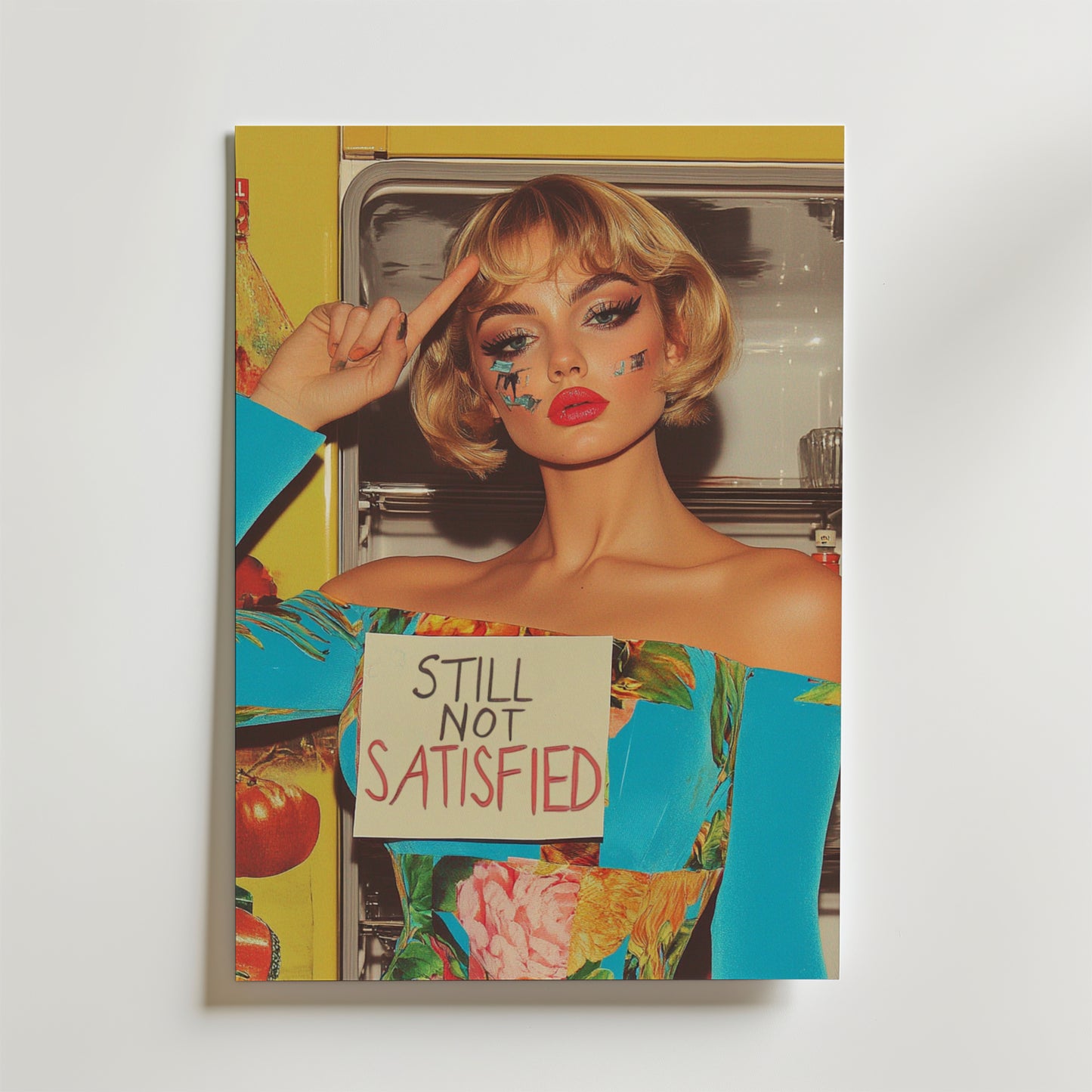 En kvinna med djärvt smink och kort blont hår står vid ett öppet kylskåp i en färgglad outfit, håller i Bozettos "Still Not Satisfied Retro Poster", tryckt på FSC-certifierat premiumpapper med lyxigt matt yta, och pekar mot sitt huvud.