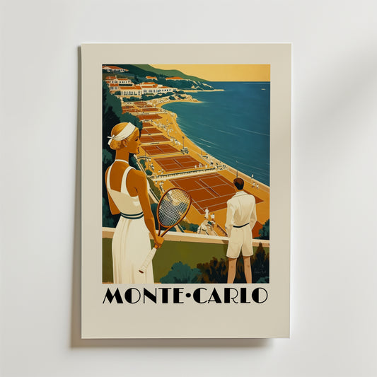 Bozetto Monte Carlo-affischen visar två tennisspelare på röda grusbanor vid havet, med medelhavsarkitektur och kullar i bakgrunden. Tryckt på matt premiumpapper. Fet "MONTE-CARLO" text finns längst ner.