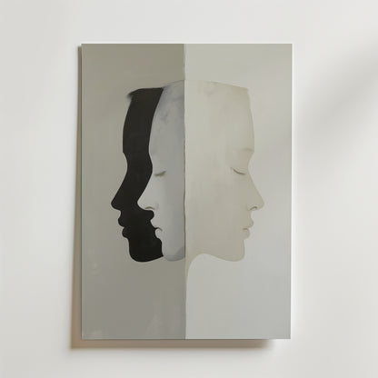 Bozetto Abstract Reflections No.2 Poster visar tre överlappande sidoprofiler i svart, grått och vitt på premiumpapper med en lyxig matt finish för en elegant look.