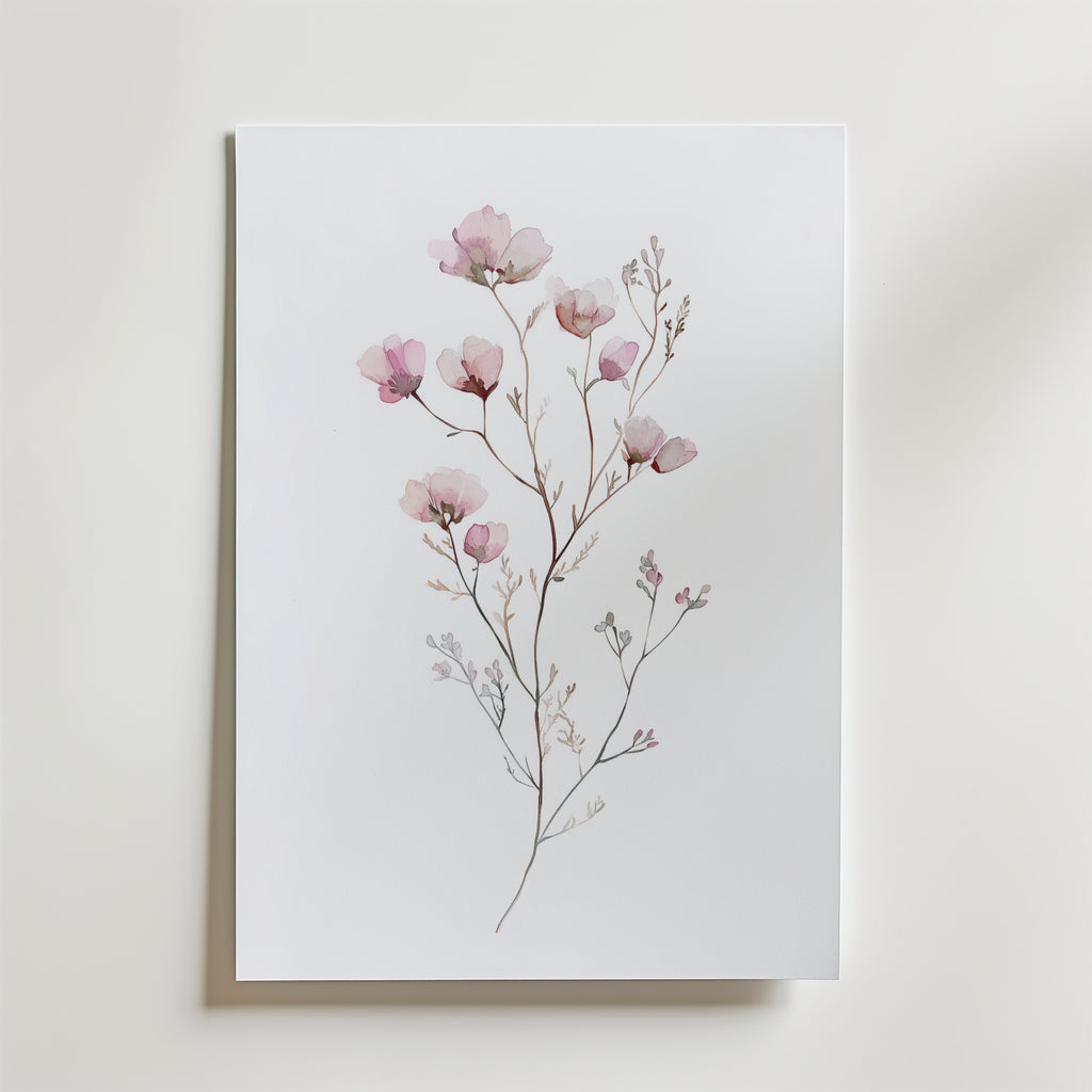 Bozetto White Rose Elegance No.2 Poster föreställer fina rosa blommor med tunna stjälkar och små blad på en vit bakgrund, tryckt på matt premiumpapper och placerad mot en vit yta.