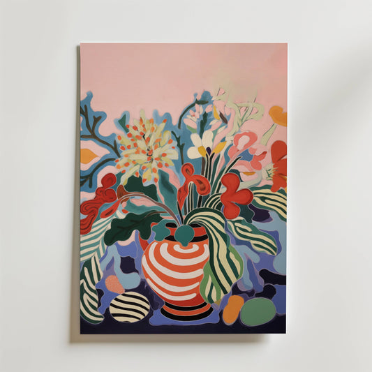 Blooming Harmony Poster" från Bozetto föreställer en randig vas med virvlande, färgglada blommor i rött, grönt, gult och blått på en mjuk rosa bakgrund - ett perfekt val för pastellfärgad väggkonst i alla utrymmen.