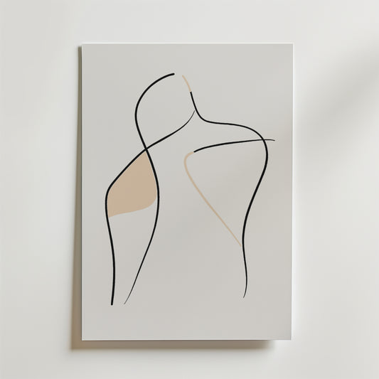 Bozetto Soft Curves Poster visar flytande svarta och beige linjer som skisserar en mänsklig torso på premium matt papper, vilket skapar en sofistikerad, minimalistisk abstrakt konsttryck för alla utrymmen.