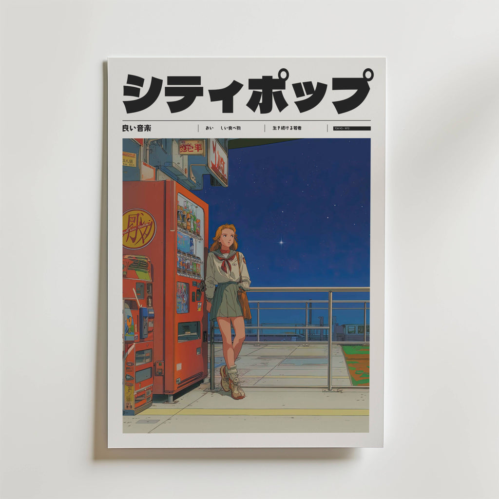 The Last Train Dream Poster av Bozetto föreställer en anime flicka i skoluniform som lutar sig mot en röd varuautomat på natten, med nattljus, modernt räcke, en stjärnhimmel och fet japansk textrubrik.