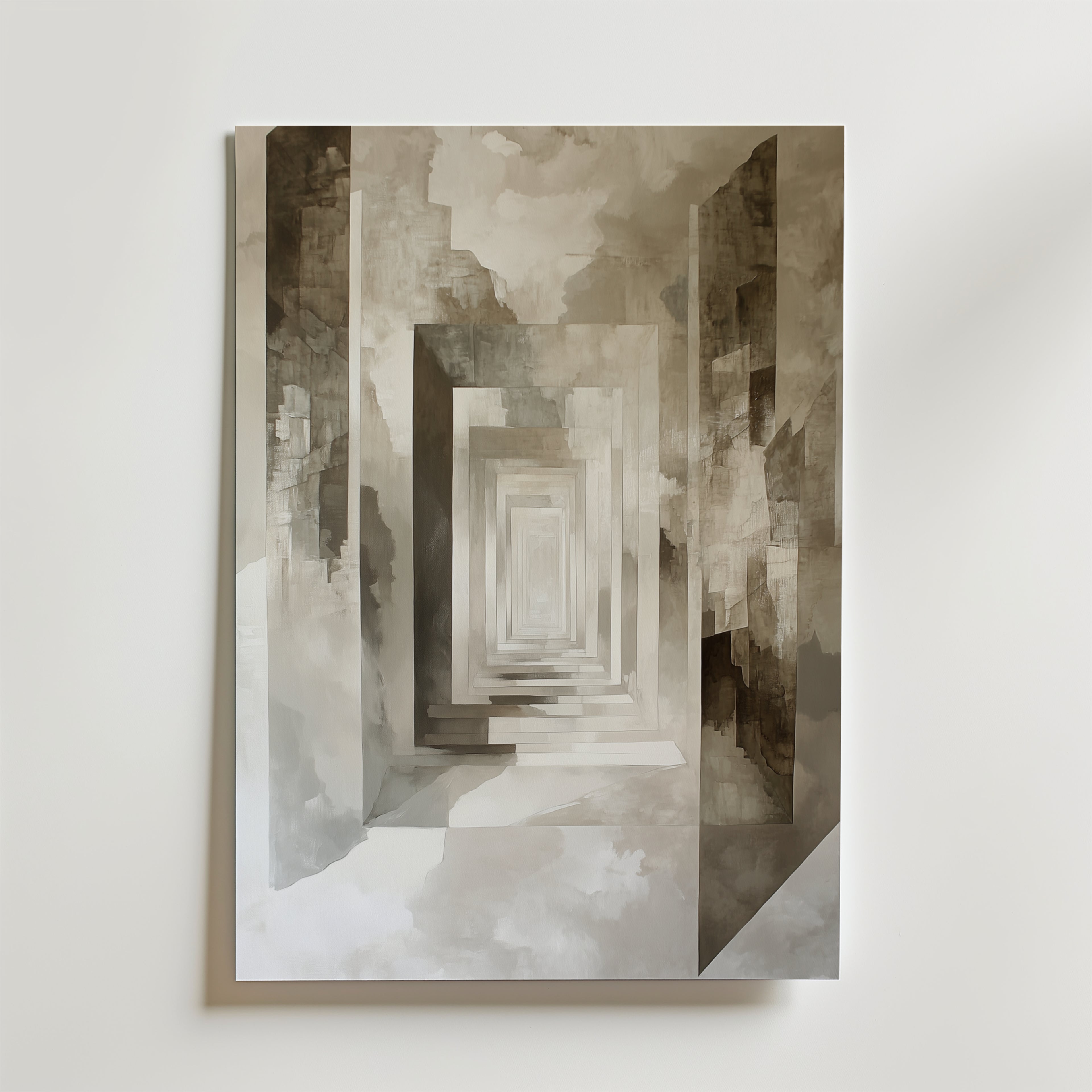En surrealistisk, geometrisk hall med upprepade grå och beige bågar skapar oändligt djup mot en molnig bakgrund - Abstract Infinity Poster by Bozetto, tryckt på premiumpapper med en lyxig matt finish.