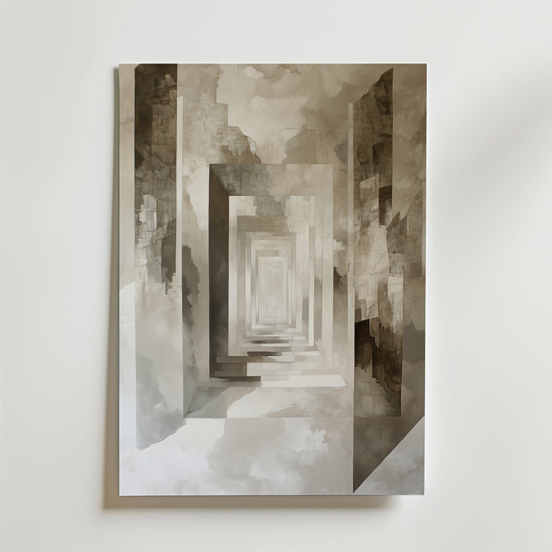 En surrealistisk, geometrisk hall med upprepade grå och beige bågar skapar oändligt djup mot en molnig bakgrund - Abstract Infinity Poster by Bozetto, tryckt på premiumpapper med en lyxig matt finish.