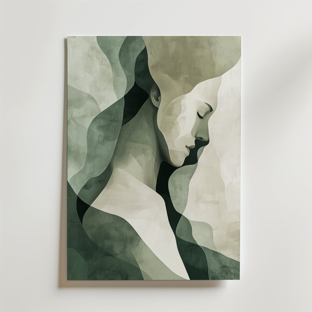 Bozetto Abstract Reflection Poster visar en kvinnas sidoprofil med slutna ögon, återgiven i mjuka, flödande former och dämpade grön-beige toner för en lugn, kontemplativ känsla och en högkvalitativ finish.