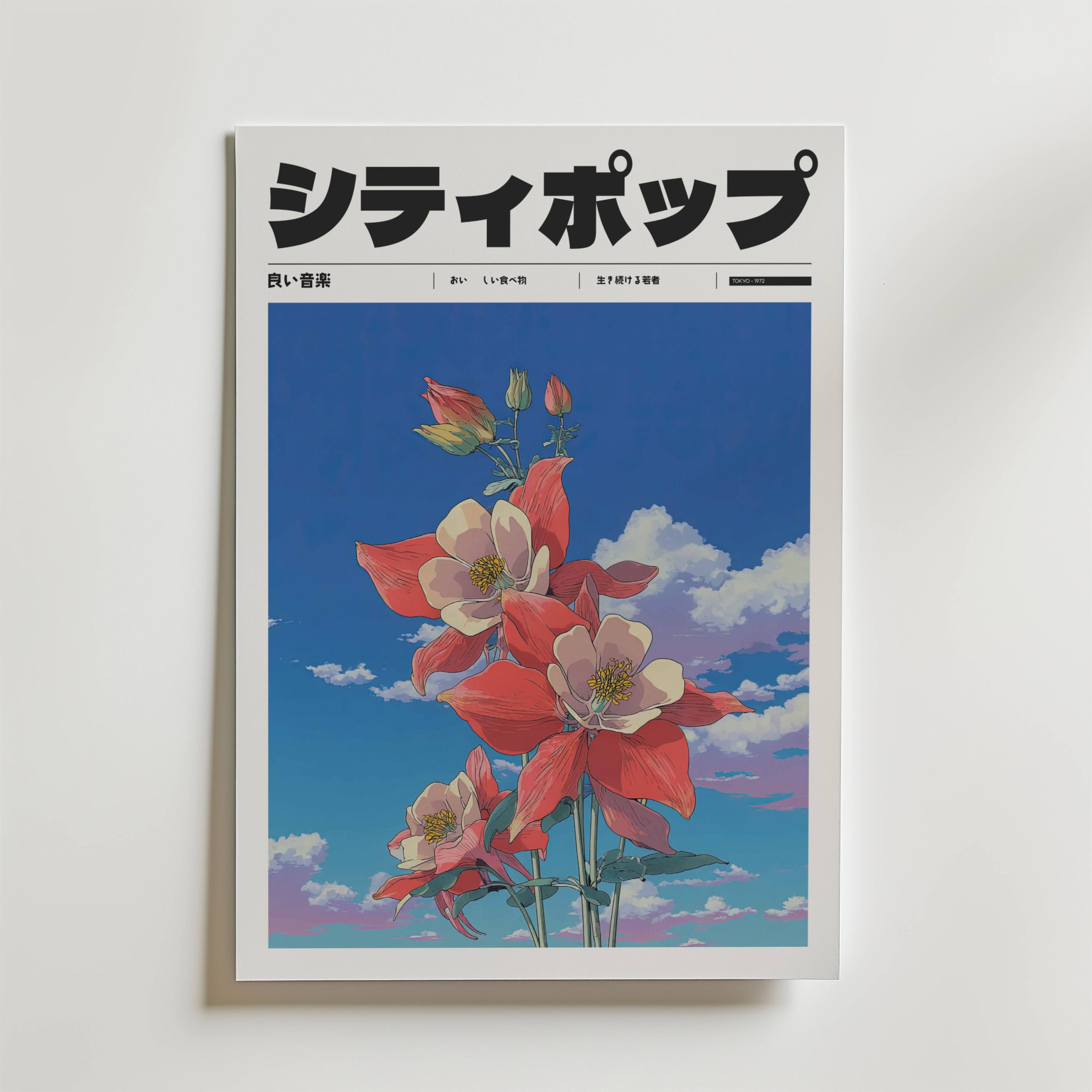 Eternal Morning Poster från Bozetto har djärv japansk text över stora röda och rosa blommor med fina kronblad mot en blå himmel och moln, allt i en ren, minimalistisk stil som fångar essensen av sommaren.
