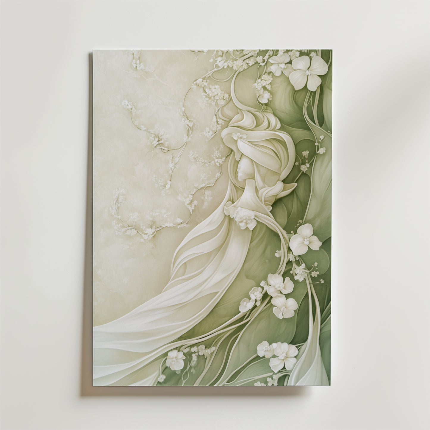 En elegant, stiliserad kvinna i böljande vita kläder med gröna blad och vita blommor smälter in i en mjuk, naturinspirerad bakgrund - perfekt som Abstract Blossom Grace Poster by Bozetto på premiumpapper med en lyxig matt finish.