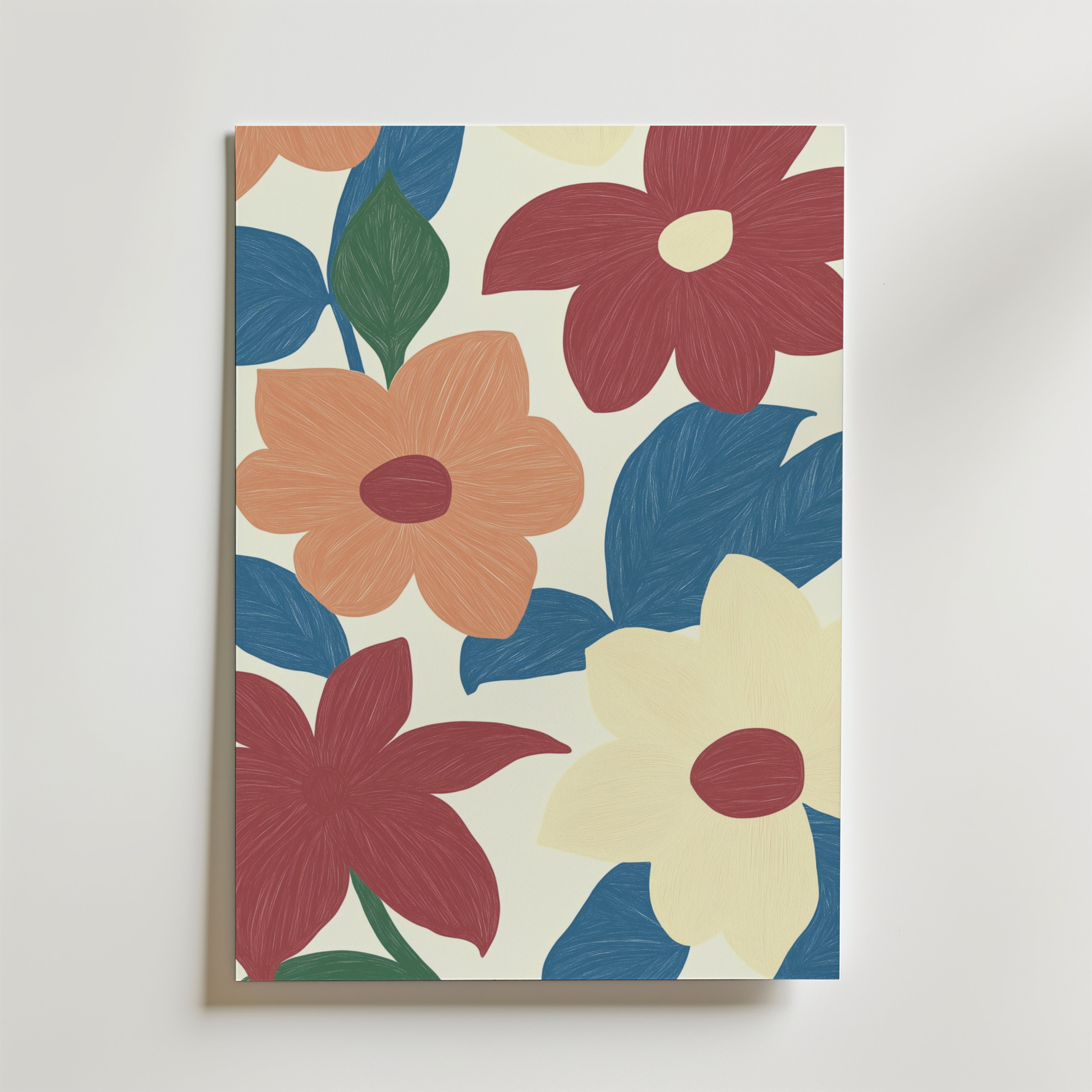 Multicolor Leaves Poster från Bozetto har en livfull blomsterillustration med röda, orange och gula blommor på en ljus bakgrund, tryckt på FSC-certifierat premiumpapper för hållbarhet.