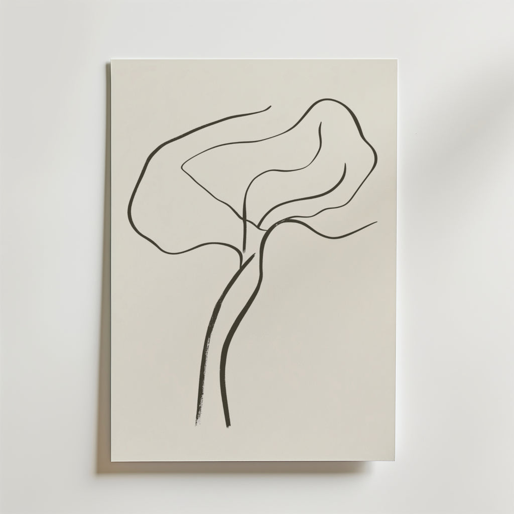 Bozetto Dancing Tree Line Poster har en minimalistisk svart linjeteckning av ett stiliserat träd på vitt FSC-certifierat premiumpapper, perfekt för elegant inredning. Enkla kurvor formar stammen och grenarna för en modern touch.