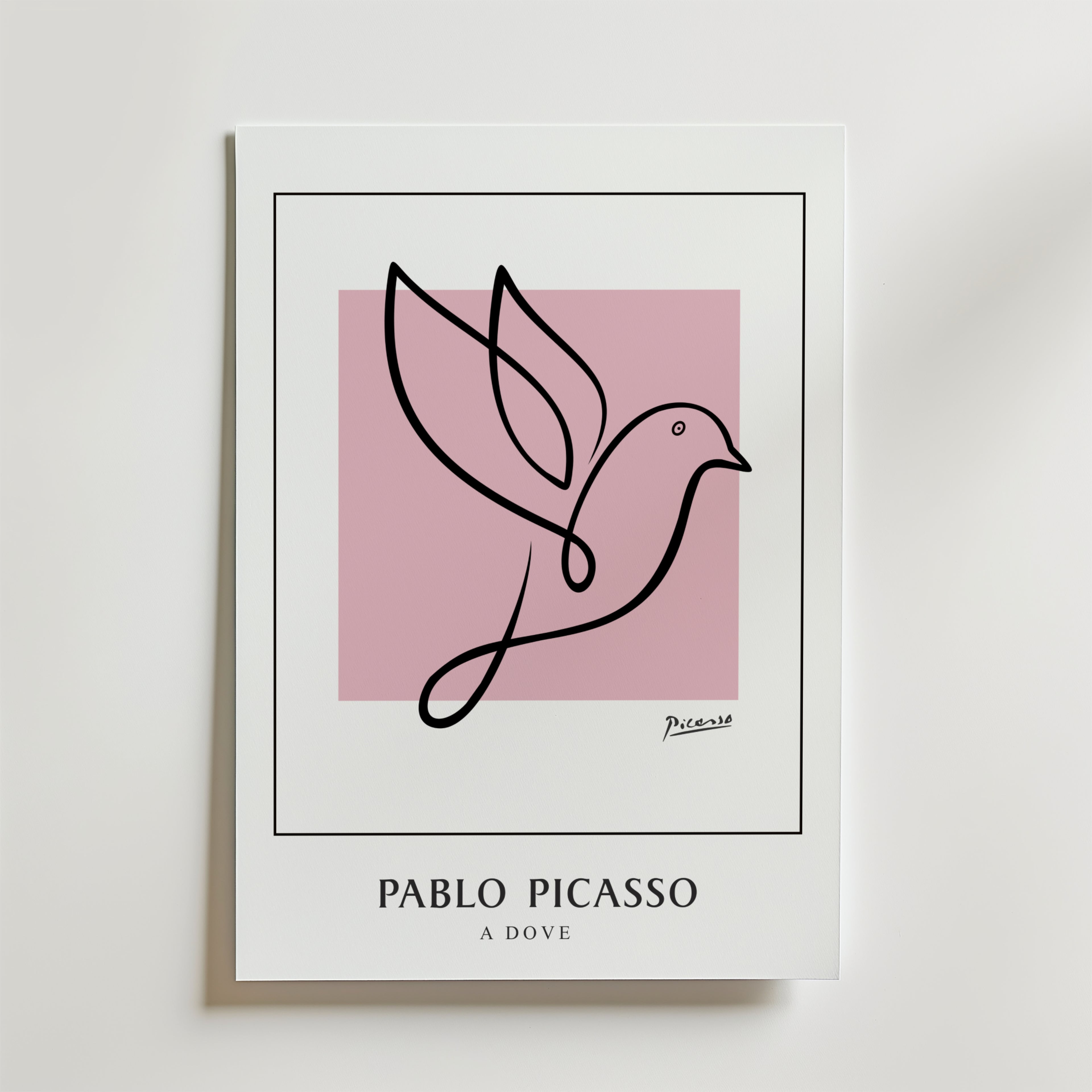 Picasso Bird of Hope Poster från Bozetto visar minimalistisk linjekonst av en duva över en rosa kvadrat. Nedanför är "PABLO PICASSO" och "A DOVE" tryckta i feta svarta versaler.