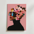 En chic figur i svart polotröja och stora solglasögon visas i profil mot rosa, med huvudet krönt av rosa och persikofärgade blommor - en Floral Sunglasses Portrait Poster från Bozetto, tryckt på premiumpapper med en lyxig matt finish.