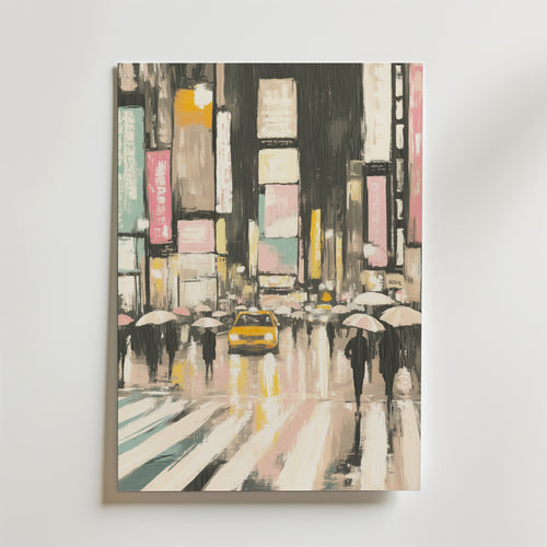 Bozetto Neon Downpour Poster visar en regnig stadsgata på natten, människor med paraplyer, livliga neonskyltar och en central gul taxi. Tryckt på premiumpapper med matt yta, reflektioner skimrar på den våta trottoaren.