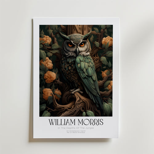 William Morris Forest Owl – stilfullt konsttryck från Bozetto, tryckt på matt finpapper