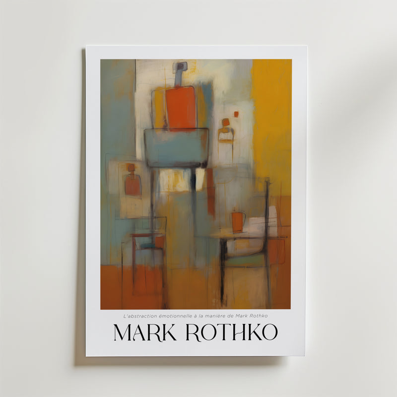 Muted Scaffold Mark Rothko Poster från Bozetto har abstrakta geometriska former i dämpade färger som rött, blått, beige och gult. Tryckt på FSC-certifierat premiumpapper. Text nedan: Labstraction émotionnelle à la manière de Mark Rothko och MARK ROTHKO.