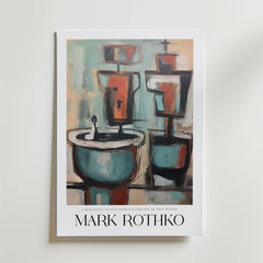 Ritual Balance Mark Rothko Poster från Bozetto har abstrakta geometriska former i blågrönt, orange och svart som påminner om ett handfat och en spegel. Tryckt på FSC-certifierat premiumpapper för en högkvalitativ finish. Text nedan: Labstraction émotionnelle à la manière de Mark Rothko och MARK ROTHKO.