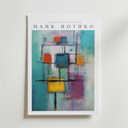 Vibrant Constructs Mark Rothko Poster by Bozetto har abstrakta, färgglada kvadrater och rektanglar på teal, tryckt på FSC-certifierat premiumpapper. "Labstraction émotionnelle à la manière de MARK ROTHKO" visas högst upp för en högkvalitativ finish.