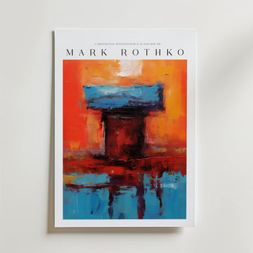 Affischen Temple of Flame Mark Rothko Poster från Bozetto har röda, orange, blå och svarta penseldrag mot en vit bakgrund. Affischen är tryckt på FSC-certifierat premiumpapper med lyxigt matt yta och texten lyder 