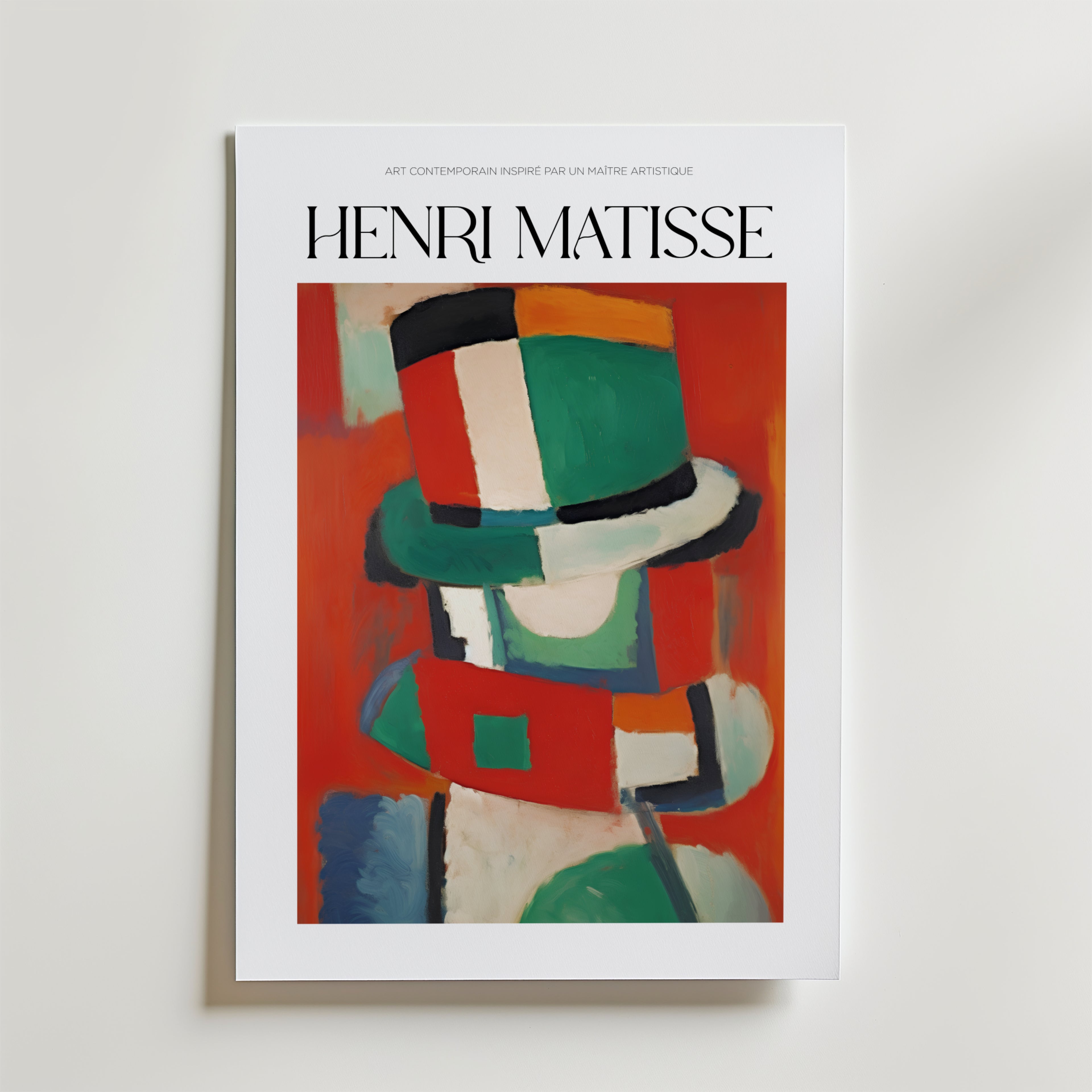 Bozetto "L'Homme au Chapeau Matisse Poster" har djärva abstrakta geometriska former i grönt, rött, svart och vitt med en slående modernistisk design inspirerad av Henri Matisse och det franska avantgardet.
