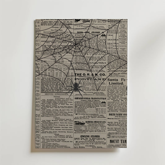 Web Of Stories Poster by Bozetto föreställer en svart spindel i mitten av ett stort illustrerat nät, båda överlagrade på vintage tidningstext för en mystisk effekt.