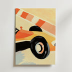 En närbildsmålning av en gul vintage racerbil som kör förbi röda och vita hinder, med fokus på framhjulet och karossen - perfekt som Bozetto Race Day Poster på premiumpapper.